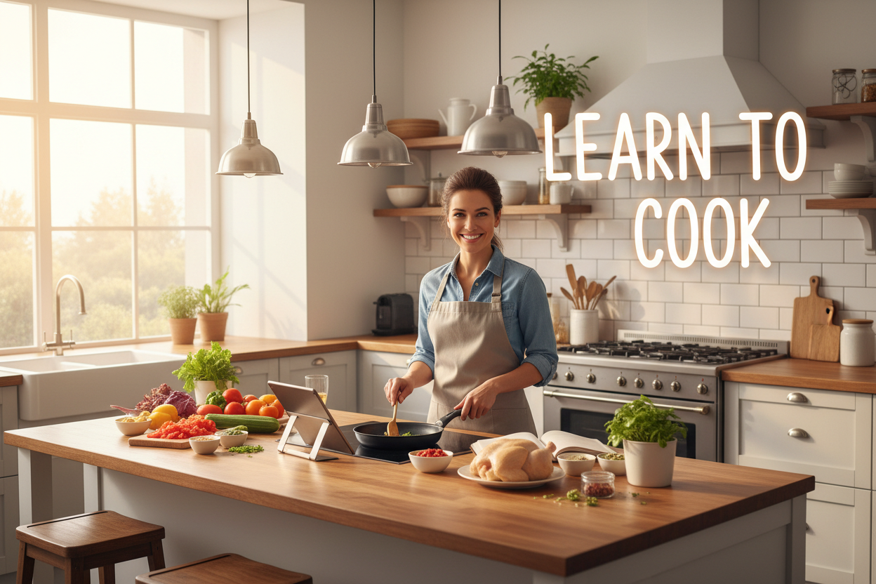 Online cooking class, show somebody in the kitchen cooking, with some text that says "Learn to cook"
