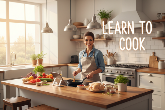 Online cooking class, show somebody in the kitchen cooking, with some text that says "Learn to cook"